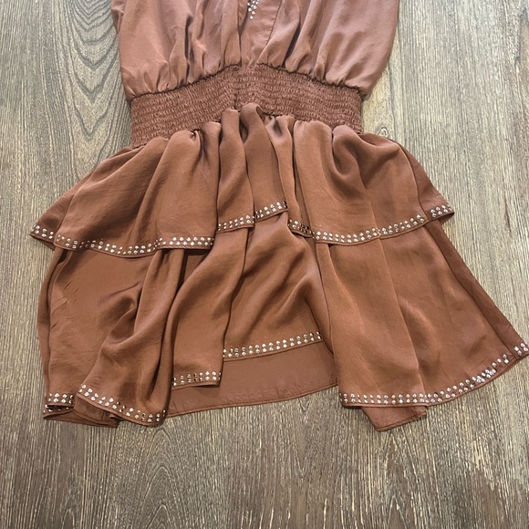 Venus Western Smocked Sleeveless Mini Tier Dress Satin Studded Brown Size 44 - Picture 2 of 6